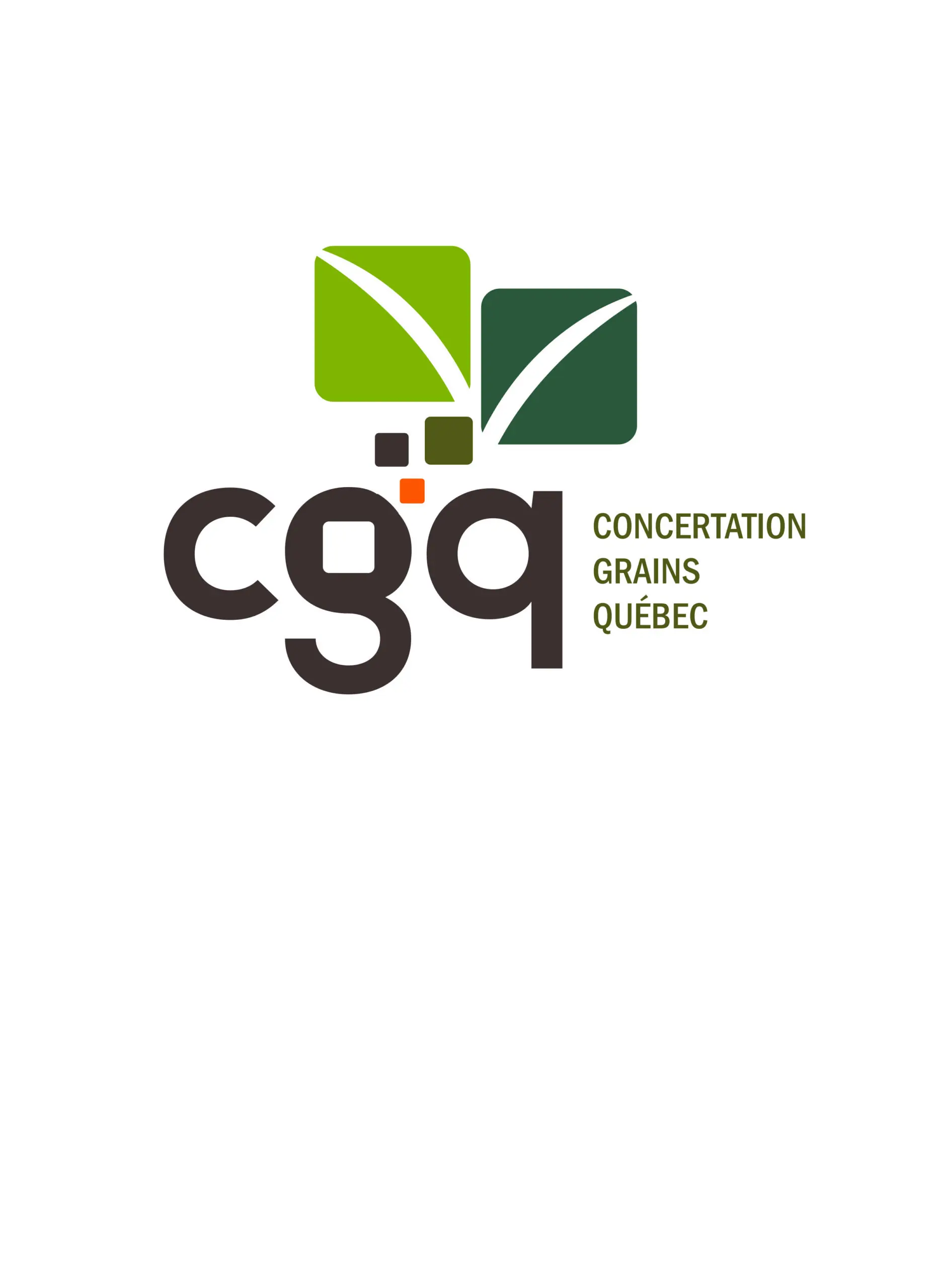 Logo de Concertation Grains Québec comportant des carrés verts stylisés évoquant des feuilles au-dessus des lettres minuscules « cgq » et le nom complet inscrit à droite.