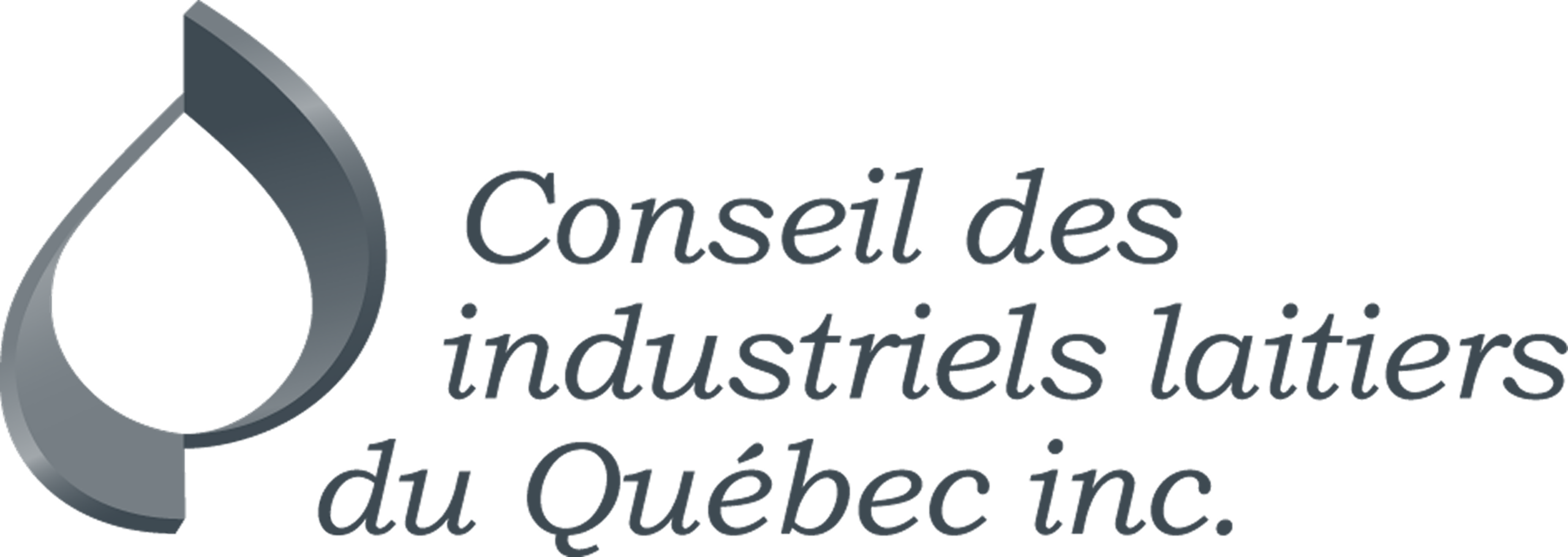 Logo du Conseil des industriels laitiers du Québec inc., représentant une goutte stylisée à gauche et le nom de l'organisme en français à droite.