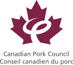 Logo du Conseil canadien du porc représentant une feuille d'érable stylisée et la lettre « P », avec le nom de l'organisation en anglais et en français en dessous.