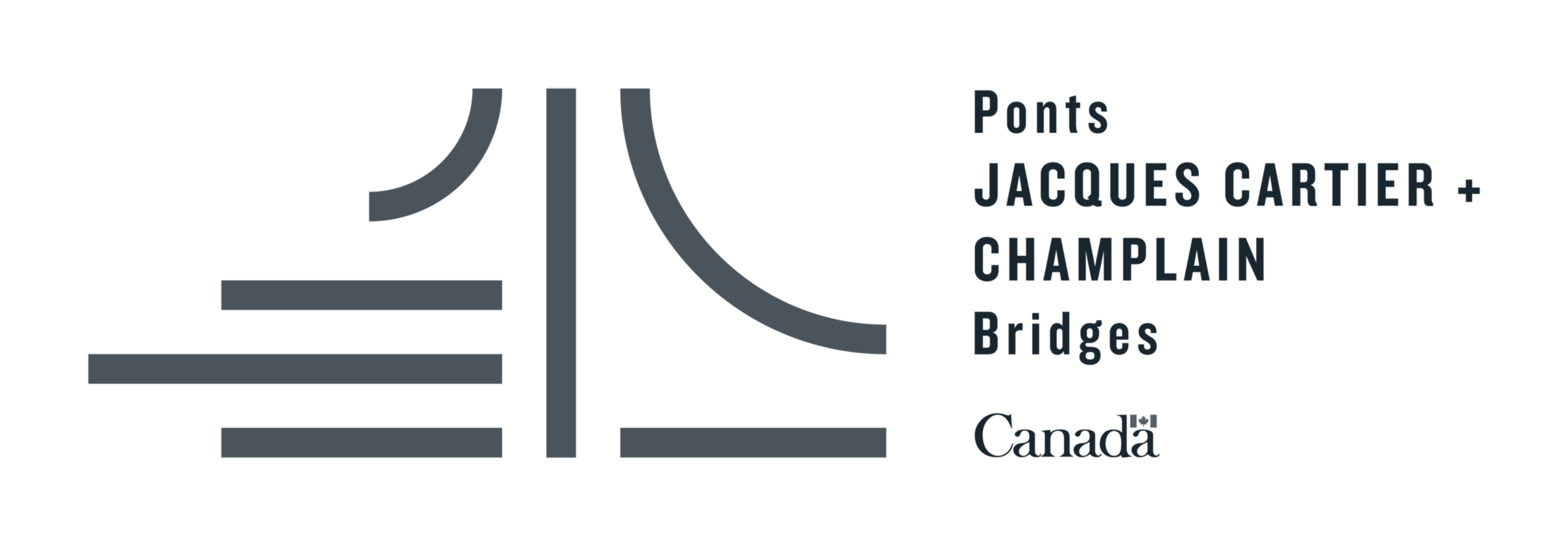 Illustration stylisée d'un pont accompagnée du texte : « Ponts JACQUES CARTIER + CHAMPLAIN » et du logo « Canada » sur un fond clair.