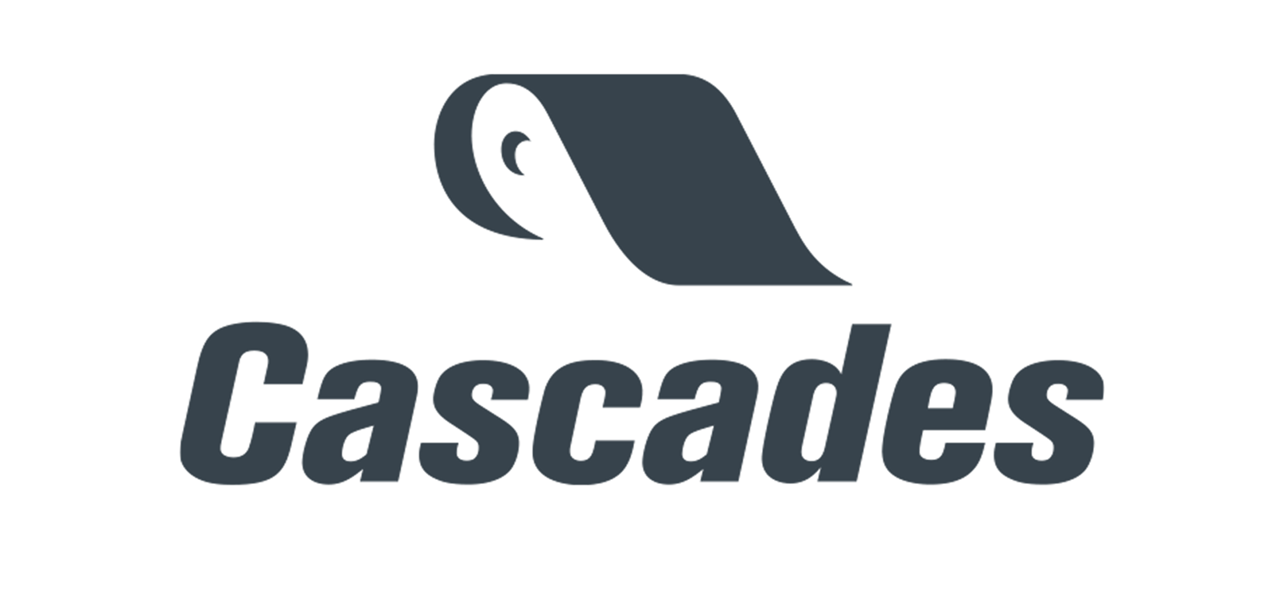 L'image représente le mot « Cascades » en caractères gras sous un motif stylisé représentant un rouleau de papier partiellement déroulé, le tout en gris foncé sur un fond clair.