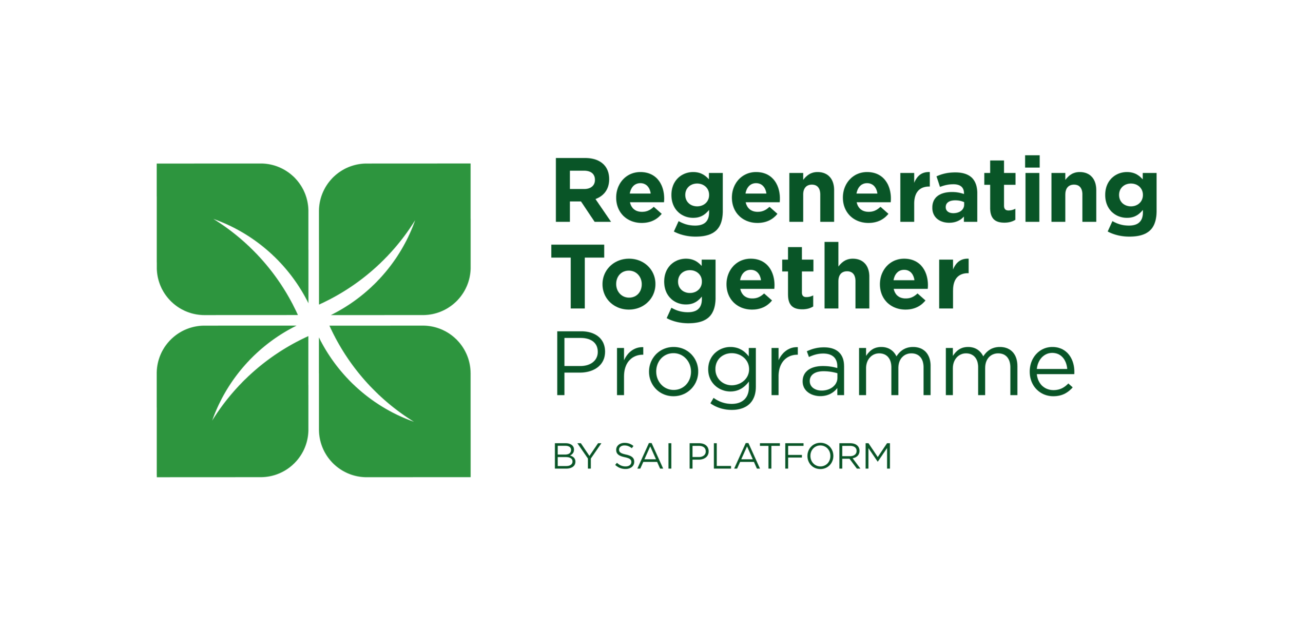 Logo représentant une feuille carrée verte à côté d’un texte vert : « Programme Regenerating Together BY SAI PLATFORM » sur un fond clair.