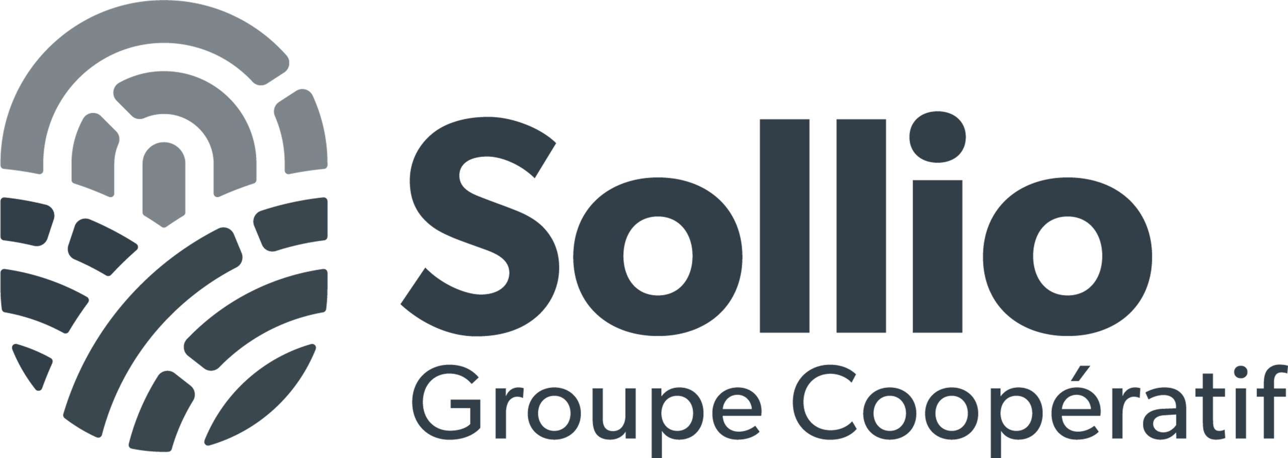 Logo du Groupe Coopératif Sollio, comportant un emblème abstrait stylisé à gauche et le nom de l'entreprise en caractères gras et sombres à droite. La mention « Groupe Coopératif » apparaît sous « Sollio » dans une police plus claire.