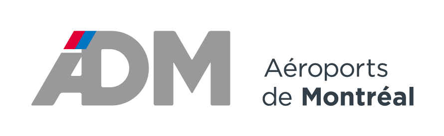 Logo d'ADM Aéroports de Montréal composé des lettres « ADM » en gros caractères gris, avec une petite bande bleue et rouge au-dessus du « A », et de la mention « Aéroports de Montréal » en gris et en caractères noirs gras.