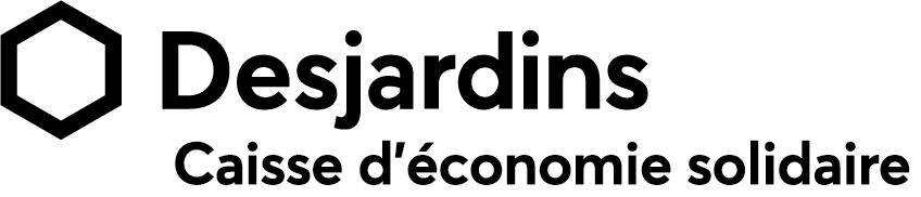 Logo Desjardins représentant un hexagone, avec l'inscription « Desjardins Caisse d’économie solidaire » en noir sur fond blanc.