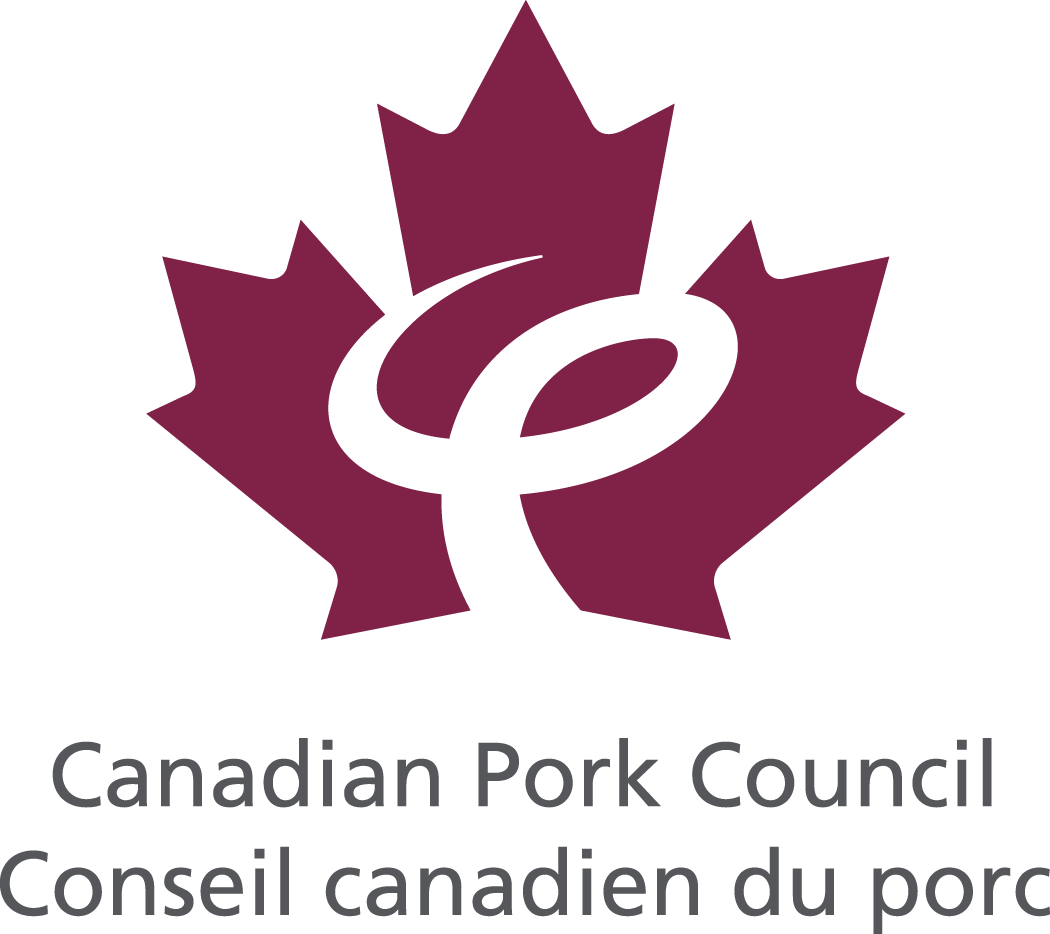 Logo du Conseil canadien du porc représentant une feuille d'érable stylisée et la lettre « P », avec le nom de l'organisation en anglais et en français en dessous.