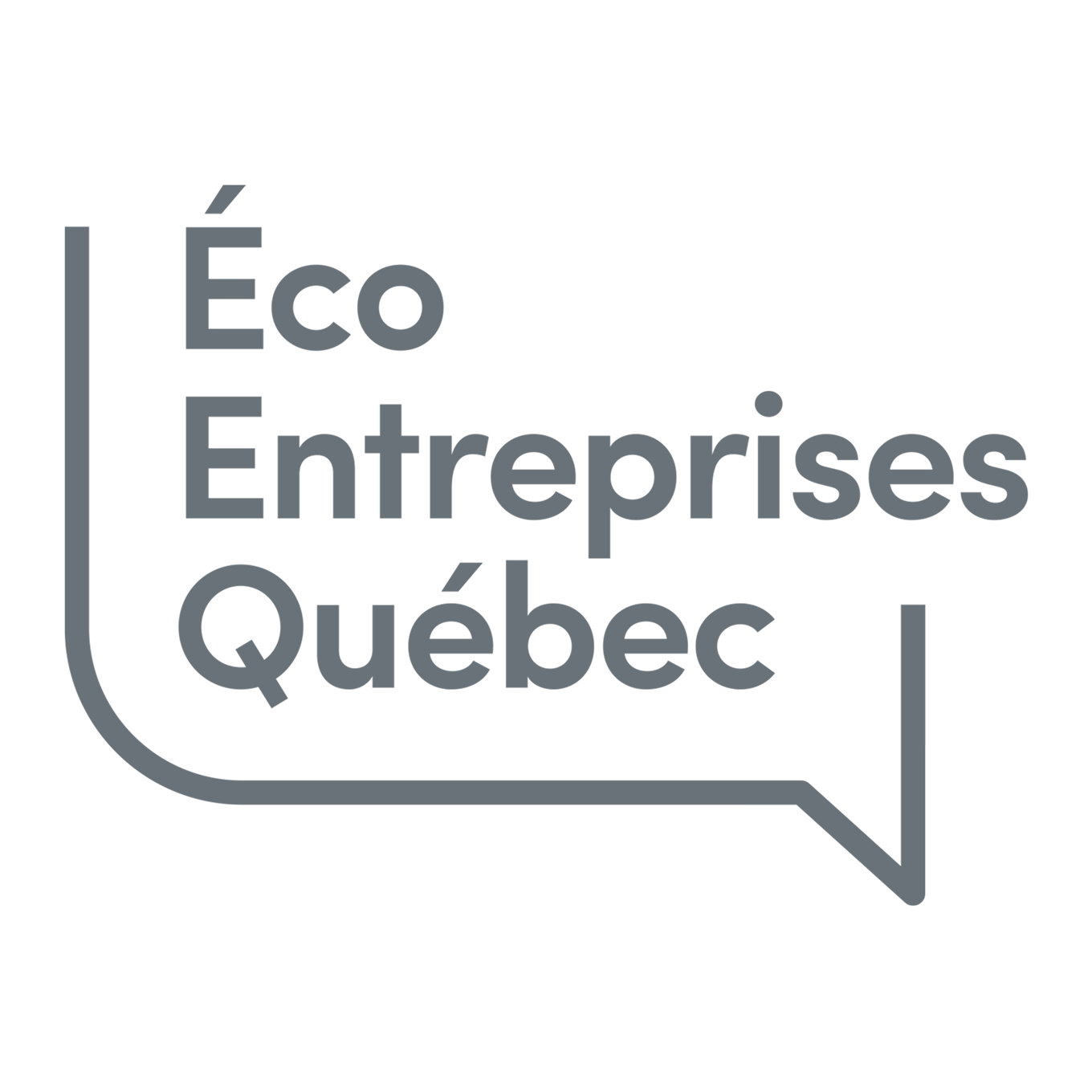 Logo gris d’« Éco Entreprises Québec » avec un texte présenté sous forme de bulle de dialogue sur fond blanc.