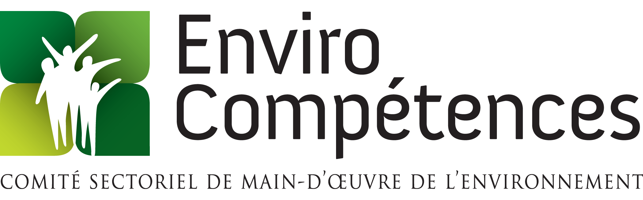 Logo d’EnviroCompétences, représentant trois silhouettes humaines blanches dans un carré vert, avec le texte suivant en français en dessous : « Comité sectoriel de main-d’œuvre de l’environnement. ».