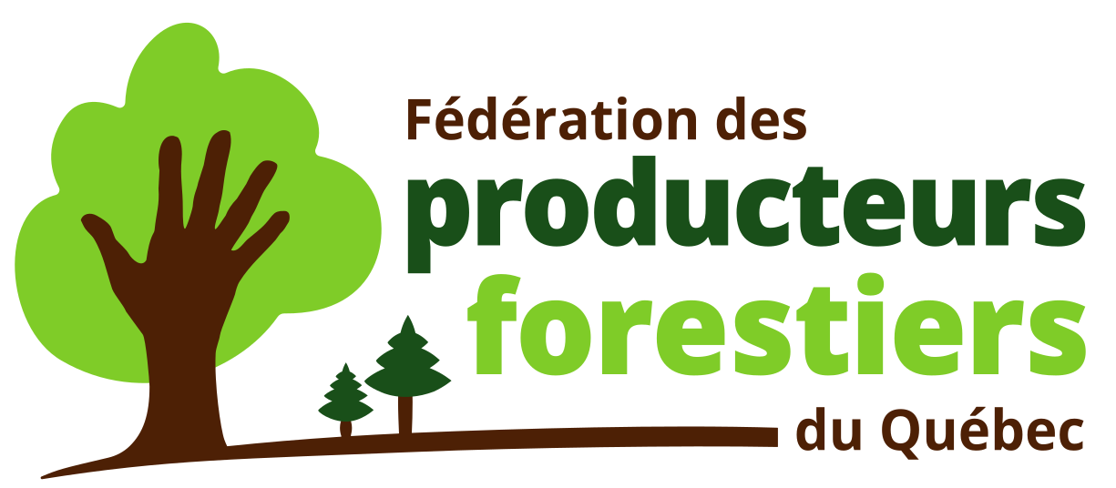 Logo de la Fédération des producteurs forestiers du Québec représentant un arbre vert dont le tronc est formé d'une main brune, accompagné de deux petits arbres et du nom de l'organisation en français, écrit en vert et en marron.