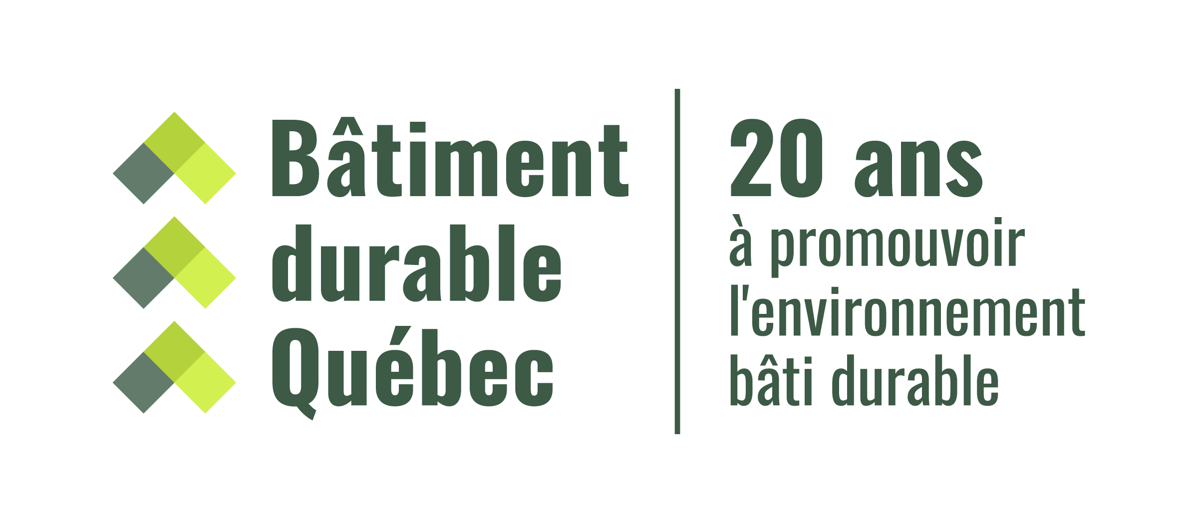 Logo composé de trois losanges verts et du texte : « Bâtiment durable Québec | 20 ans au service de l’environnement bâti durable », sur un fond clair.