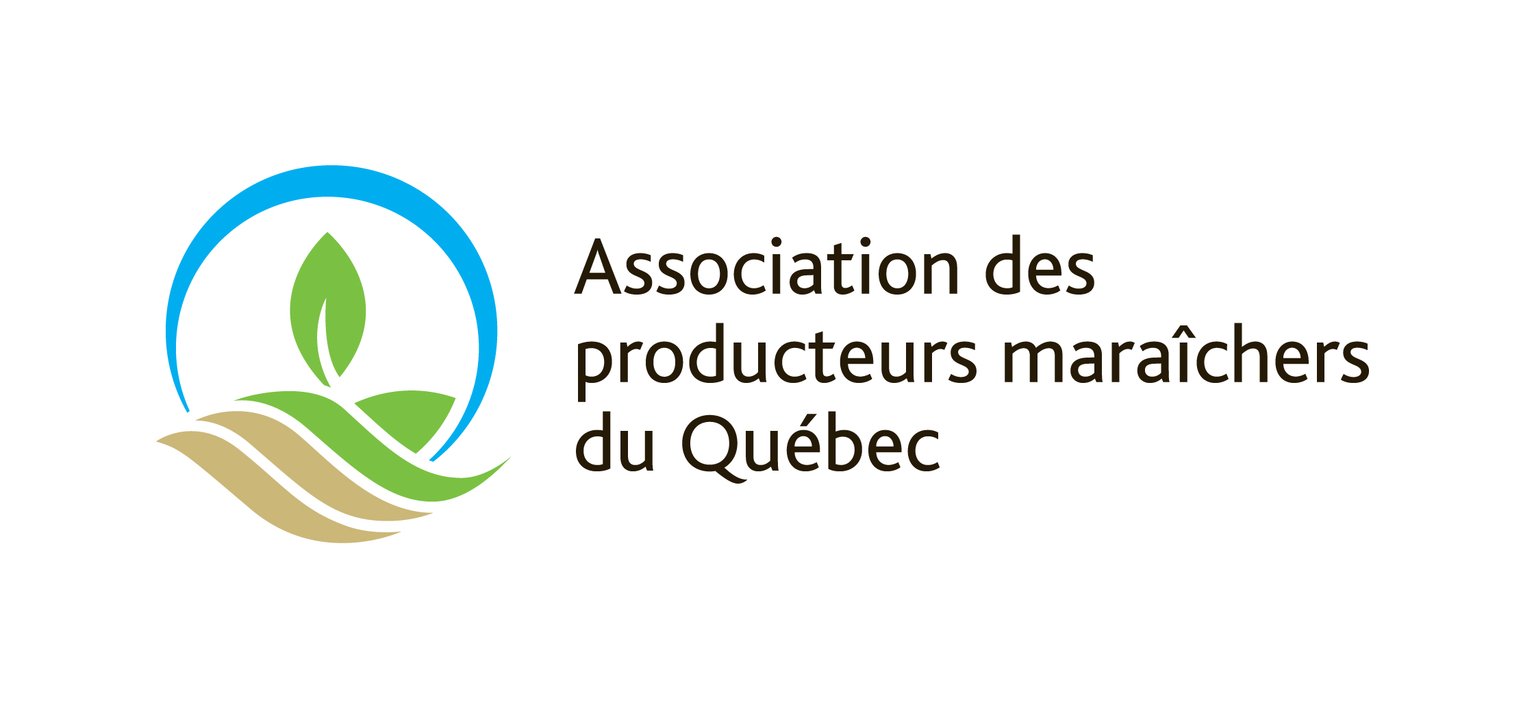 Logo de l’Association des producteurs maraîchers du Québec représentant une plante verte, des champs stylisés marron et verts, ainsi qu’un contour circulaire bleu, accompagné du nom de l’organisation en français.