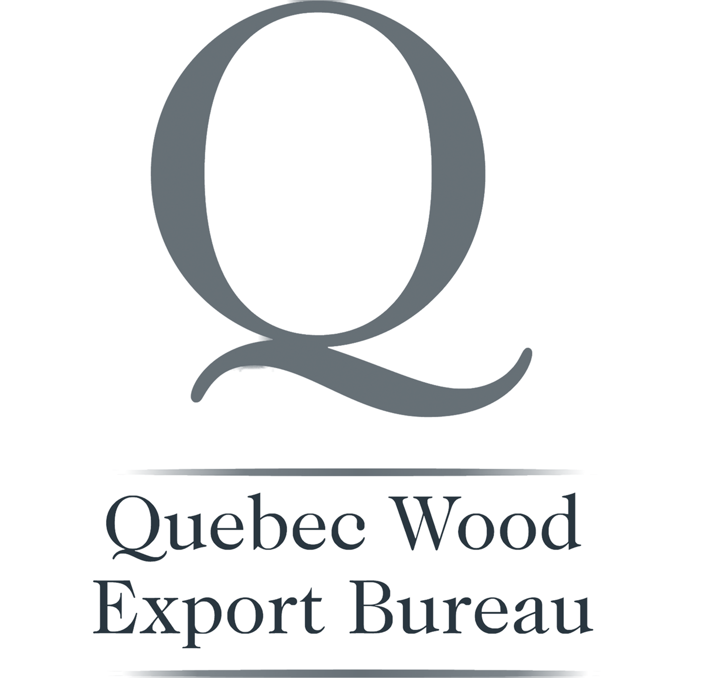 Une grande lettre « Q » grise au-dessus de la mention « Bureau d'exportation du bois du Québec », en police à empattement, avec deux lignes horizontales séparant le texte. Fond blanc.