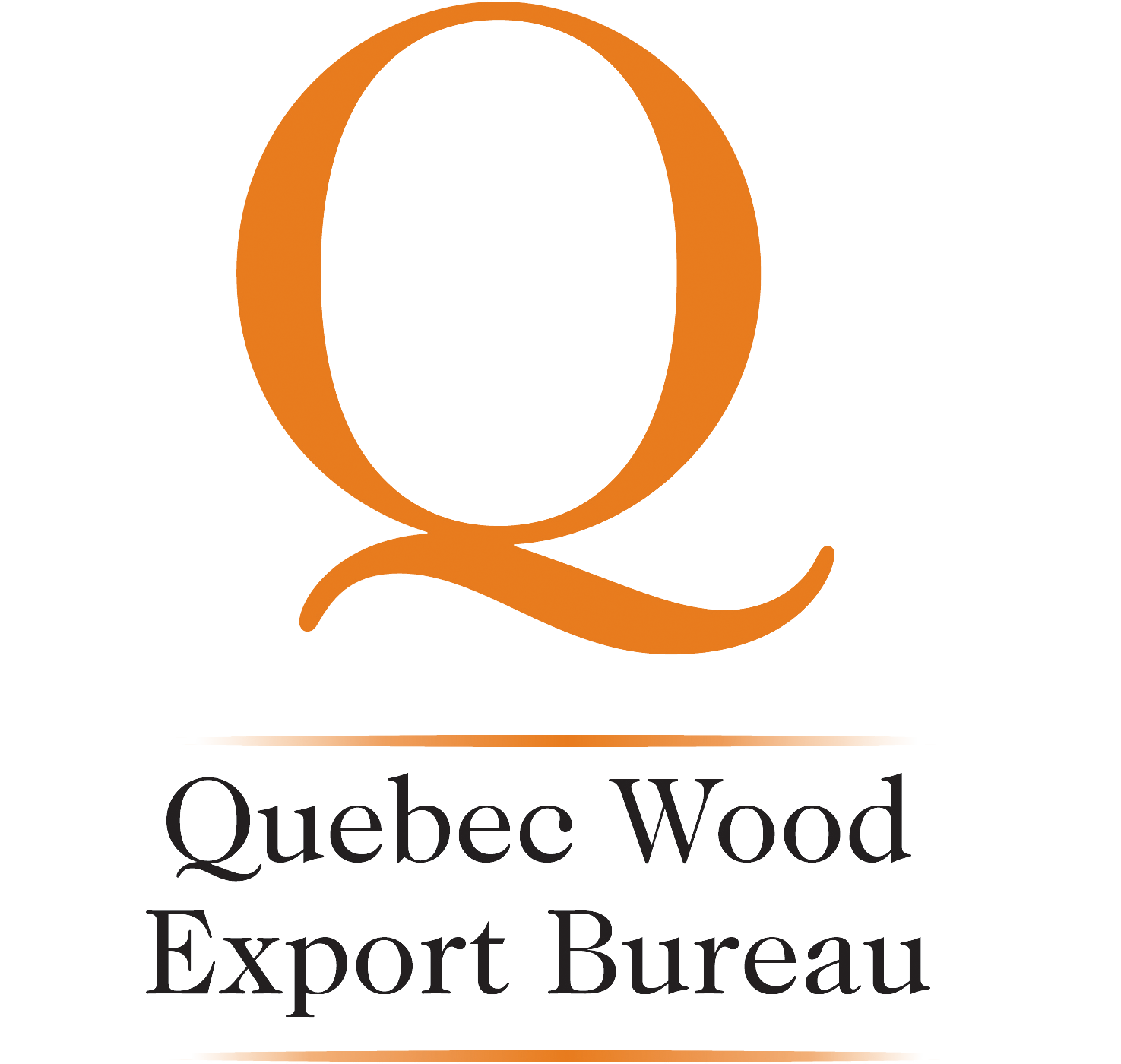 Une grande lettre « Q » orange au-dessus de l'inscription « Bureau d'exportation du bois du Québec » en noir, encadrée par deux lignes horizontales orange. Fond blanc.